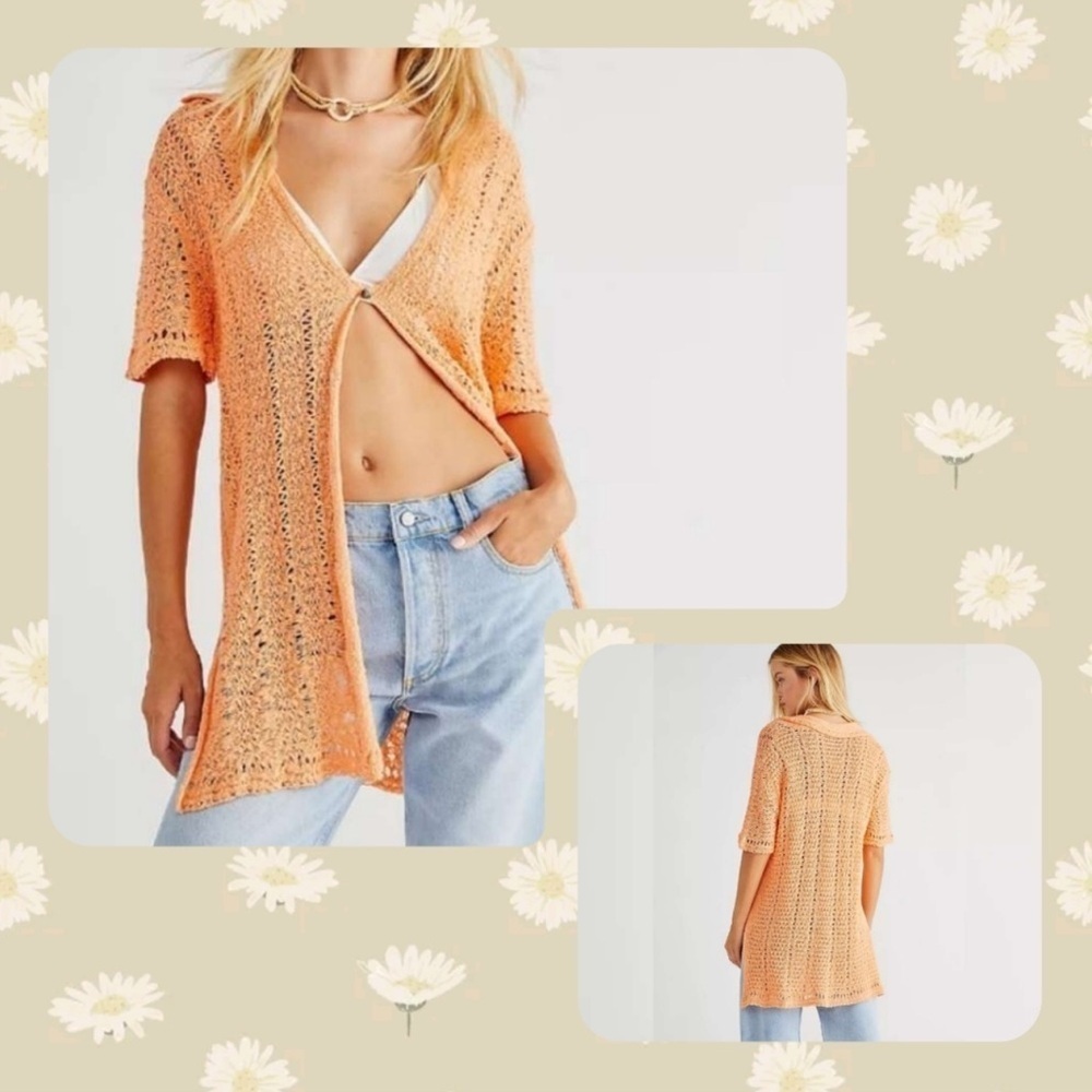 FREE PEOPLE NWT Soda Pop Knit Crochet Cardigan Orange/Creme Side Slit